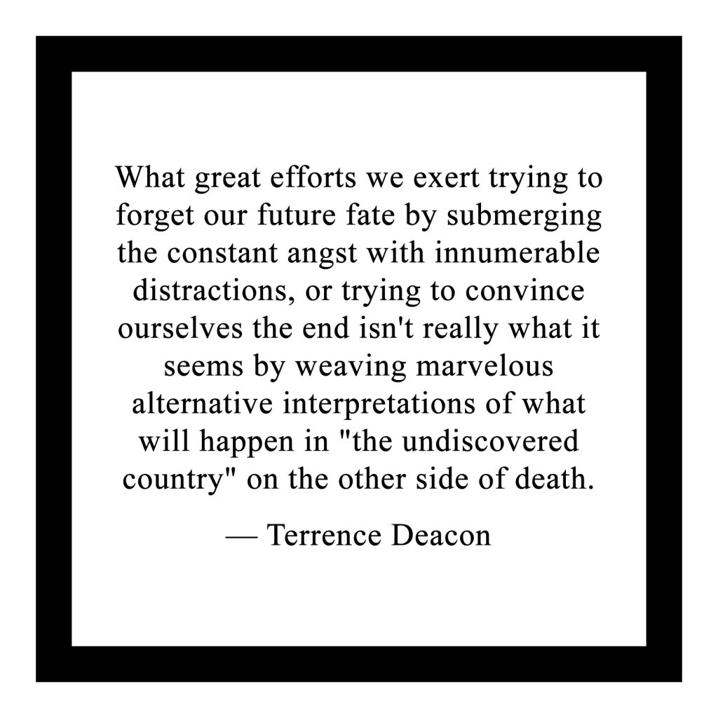 What great efforts we exert trying to forget our future fate by submerging the constant angst with innumerable distractions, or trying to convince ourselves the end isn't really what it seems by weaving marvelous [sic] alternative interpretations of what will happen in "the undiscovered country" on the other side of death.

― Terrence Deacon