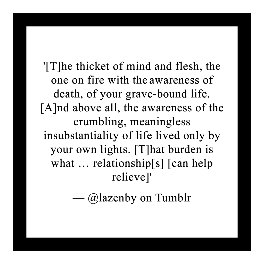'[T]he thicket of mind and flesh, the one on fire with the awareness of death, of your grave-bound life. [A]nd above all, the awareness of the crumbling, meaningless insubstantiality of life lived only by your own lights. [T]hat burden is what … relationship[s] [can help relieve]'

― @lazenby on Tumblr