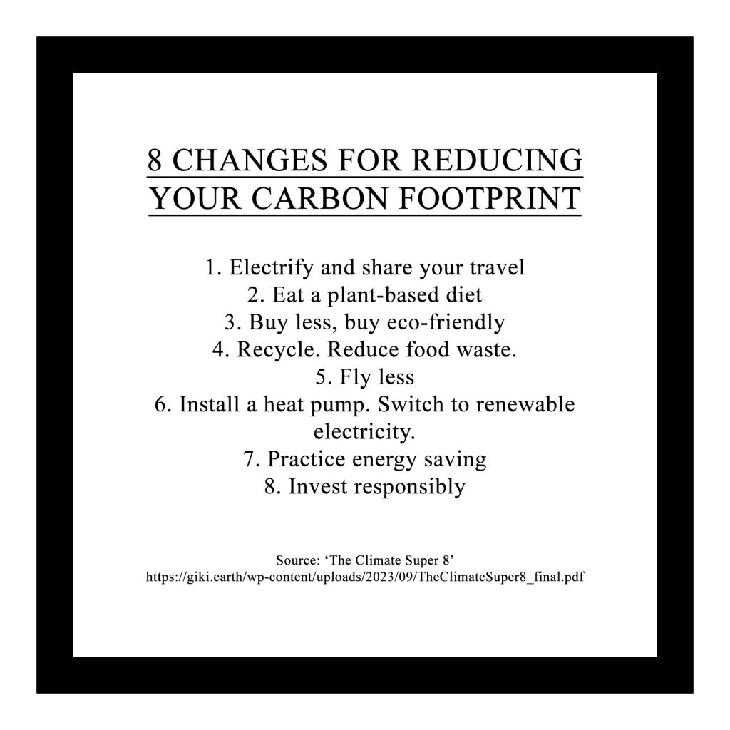Eight changes for reducing your carbon footprint

1. Electrify and share your travel
2. Eat a plant-based diet
3. Buy less, buy eco-friendly
4. Recycle. Reduce food waste.
5. Fly less
6. Install a heat pump. Switch to renewable electricity.
7. Practice energy saving
8. Invest responsibly

Source: https://giki.earth/wp-content/uploads/2023/09/TheClimateSuper8_final.pdf