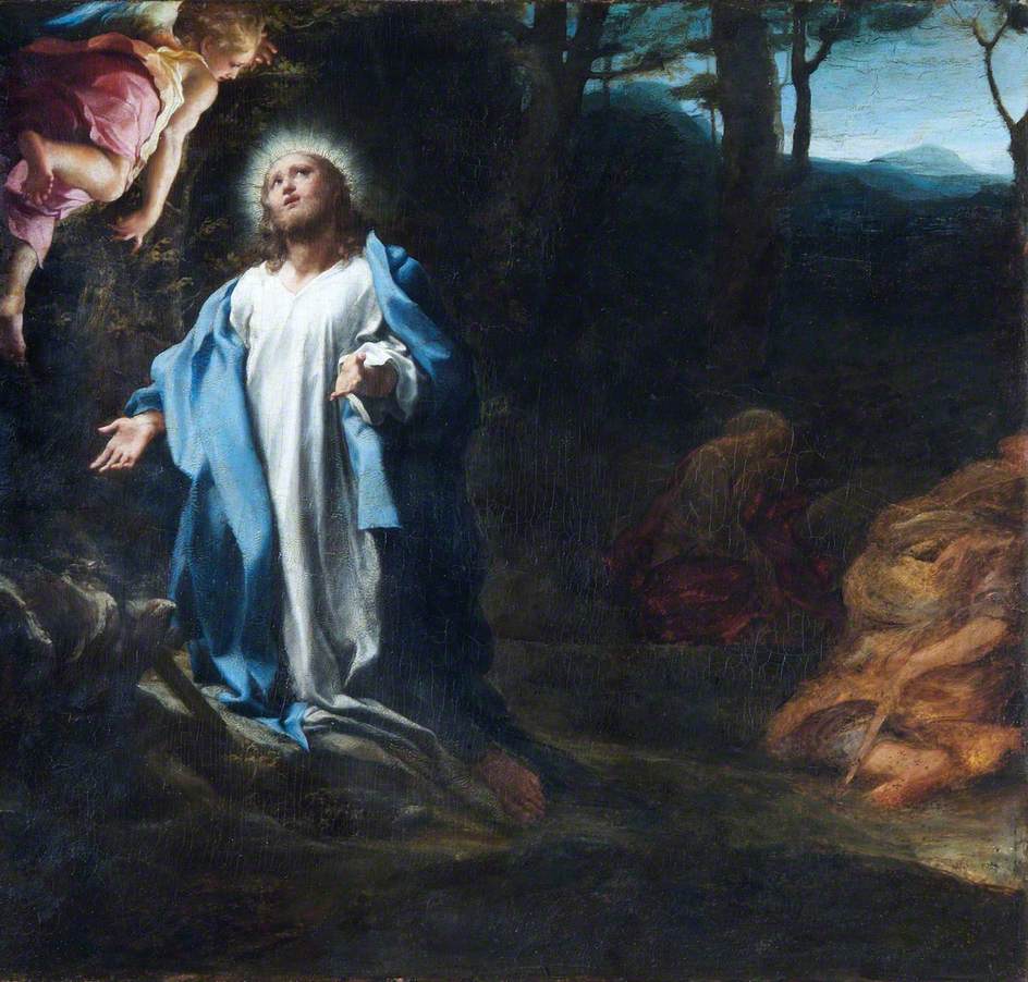 A scan of the painting 'Agony in the Garden' by Corregio https://en.wikipedia.org/wiki/Agony_in_the_Garden_%28Correggio%29.

"[T]he painting was admired by Vasari in Reggio Emilia - he described it as:

a small painting one foot tall, the rarest and most beautiful thing, in which can be seen his small figures and Christ in the garden - the painting is set at night, with the angel appearing and by the light of his splendor illuminating Christ, who is shown so real and so true that it is impossible to imagine him being expressed better. At the foot of the mountain, on level ground, are three sleeping apostles, above whom he shows Christ praying, which gives an impossible strength to the figures; and even more so, in the background, he shows dawn rising and soldiers coming with Judas from one side of the painting: and in such smallness and with such intensity does he show this story, there is no work that is its parallel for patience and hard work."