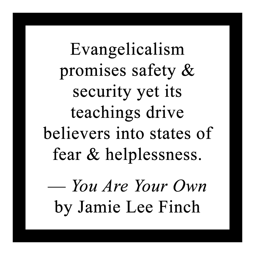 Evangelicalism promises safety & security yet its teachings drive believers into states of fear & helplessness.

— You Are Your Own by Jamie Lee Finch